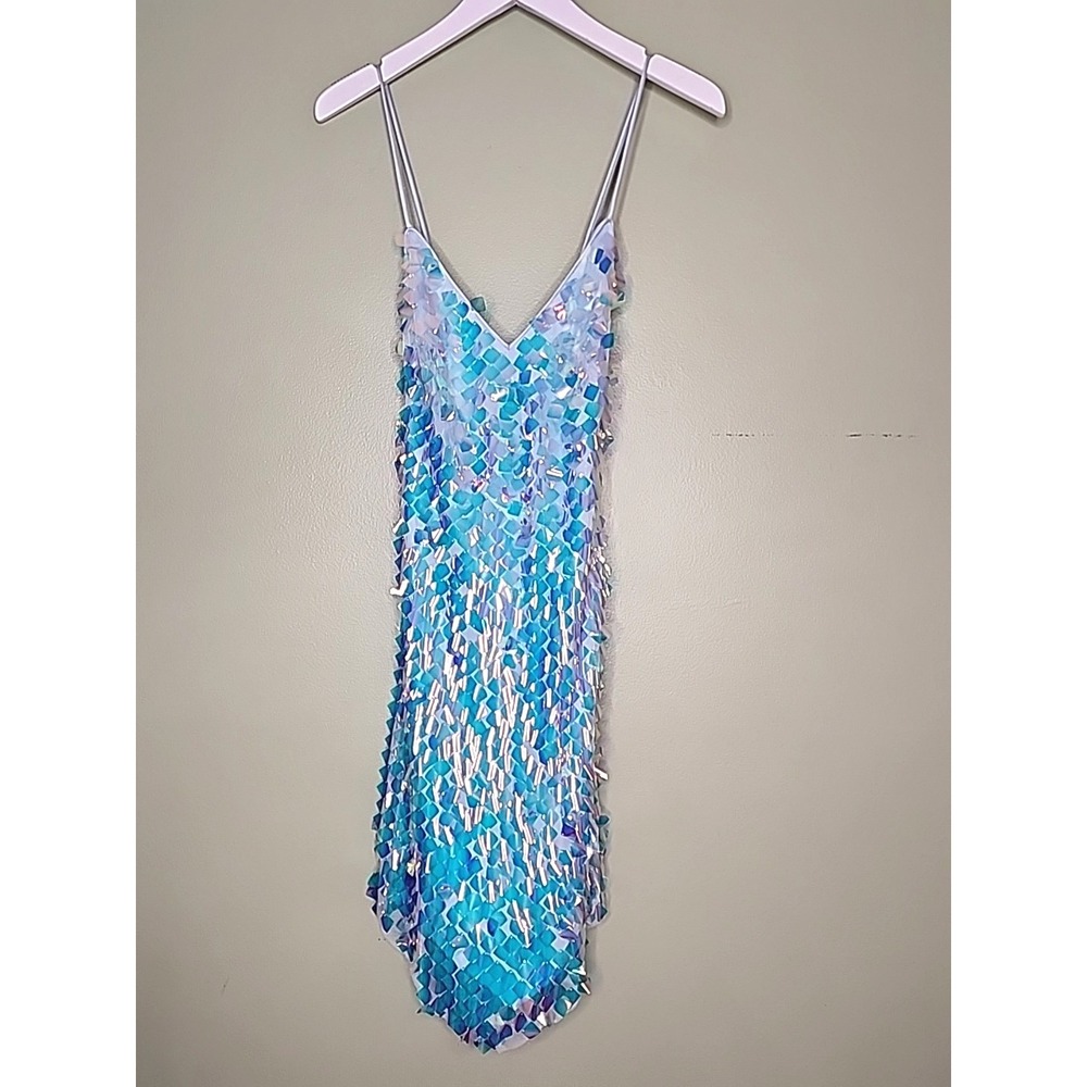 Blondie Nites Sequin Dress 5 Blue Pointed Hem Mini Racerback Strap Party Fairy